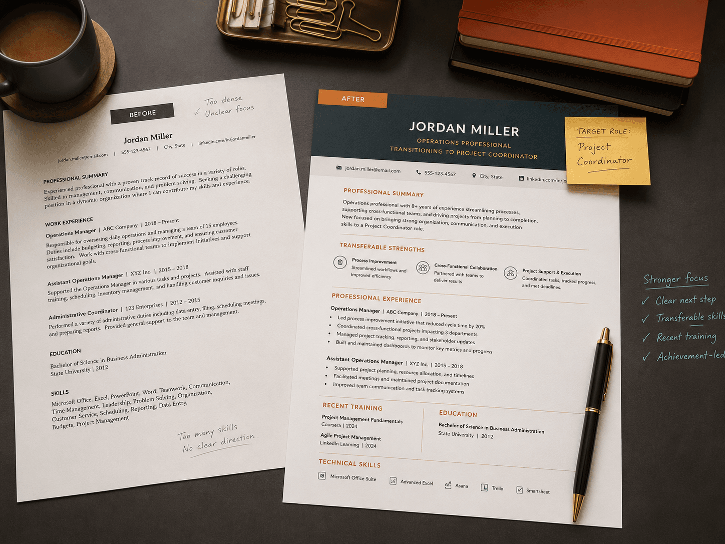 Jordan Miller's resume before and after a career-change rewrite, with a target role sticky note and a checklist of stronger improvements