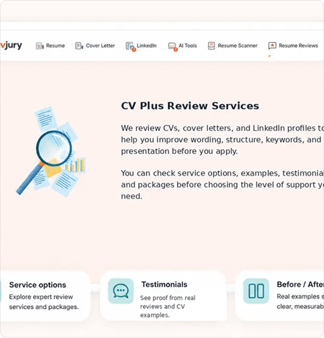 CVJury dashboard showing saved CV drafts and the path to finish a CV without losing work