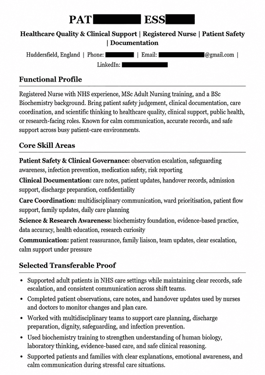 2-page functional CV with clearer healthcare proof — page 1
