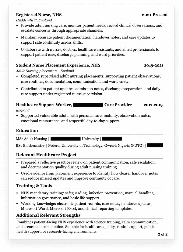 2-page functional CV with clearer healthcare proof — page 2