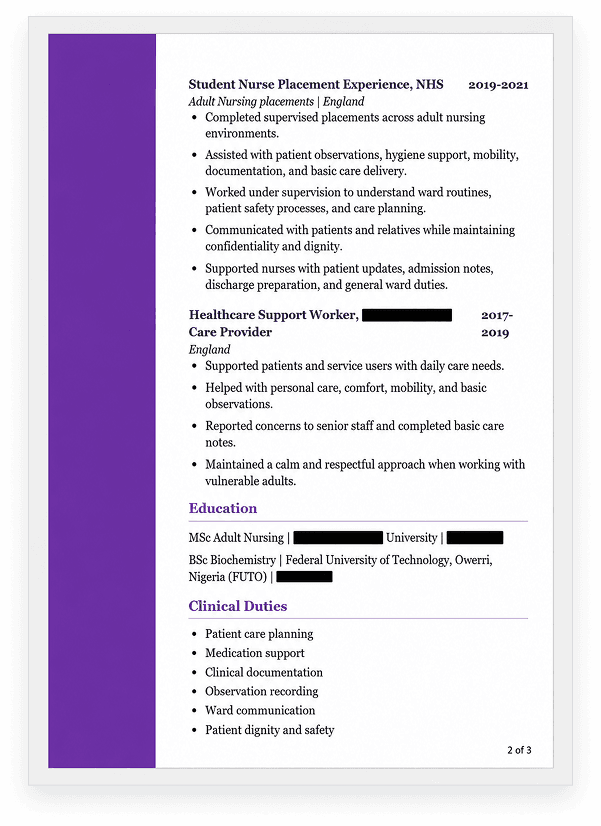 3-page CV with useful proof buried too low — page 2