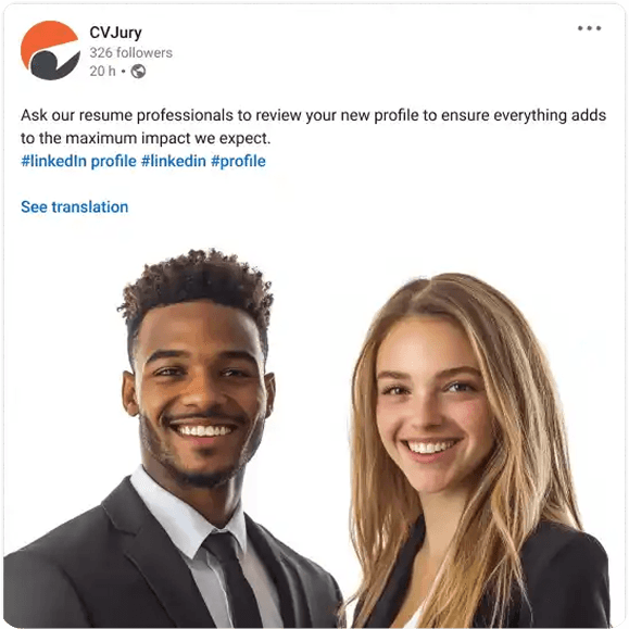 CVJury LinkedIn post offering a professional profile review