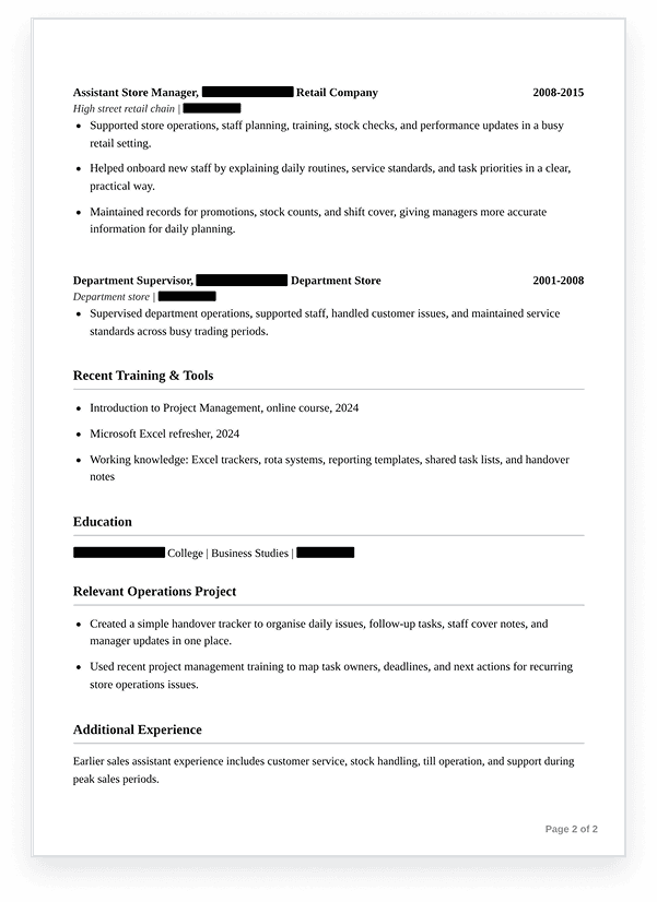 2-page hybrid resume with a clearer next-role signal — page 2