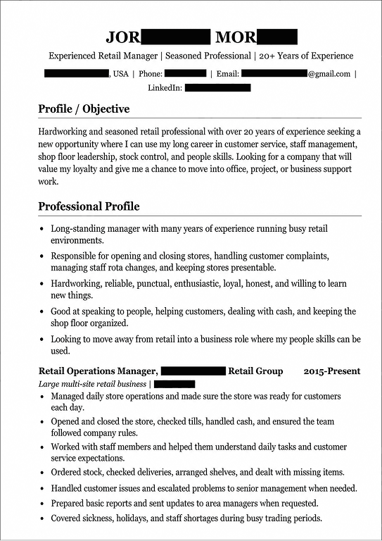 3-page resume with a weak career-change signal — page 1