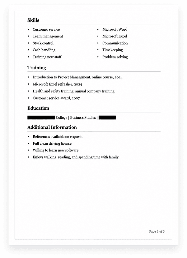 3-page resume with a weak career-change signal — page 3