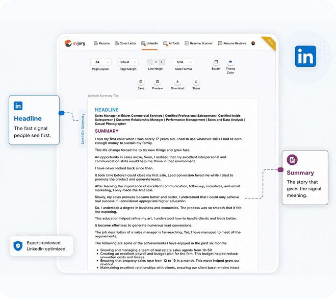 CVJury LinkedIn editor showing headline and summary guidance