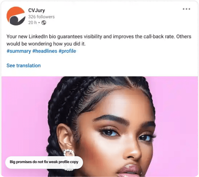 CVJury LinkedIn post showing why big promises do not fix weak profile copy