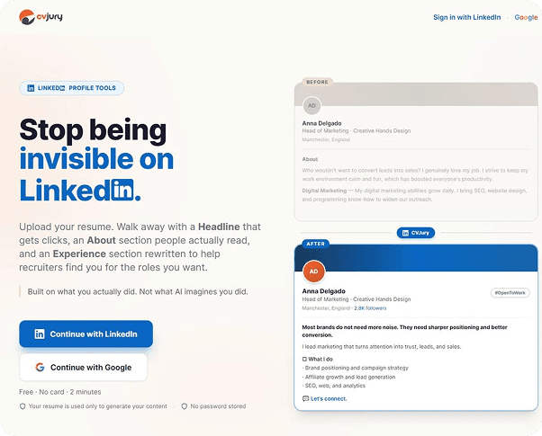CVJury LinkedIn profile builder app screen
