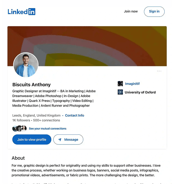 Example LinkedIn profile for a graphic designer