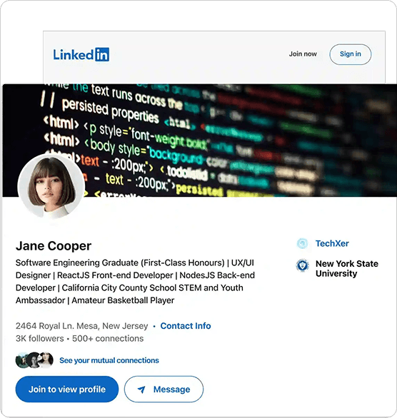 LinkedIn profile example with a complete headline and Message button