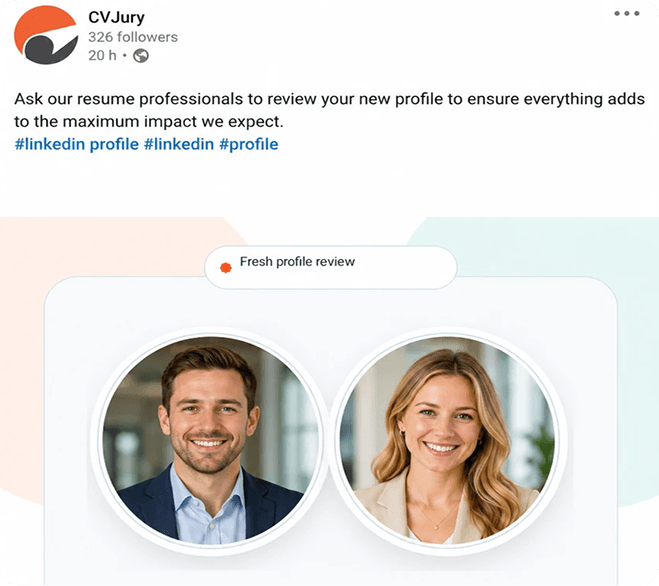CVJury LinkedIn post offering a fresh profile review