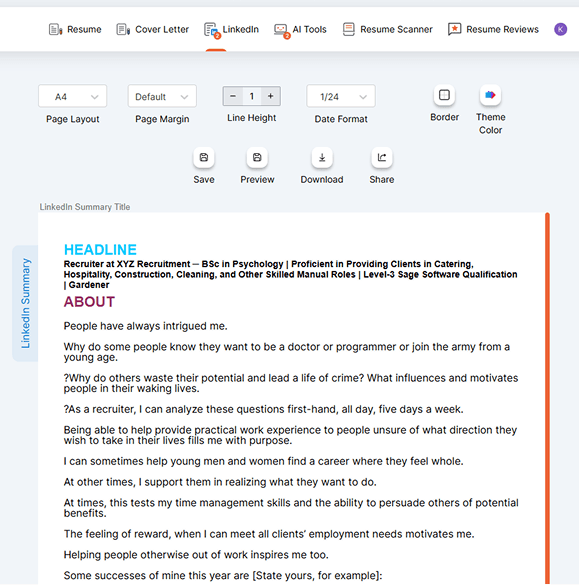 LinkedIn summary editor showing a job seeker About section