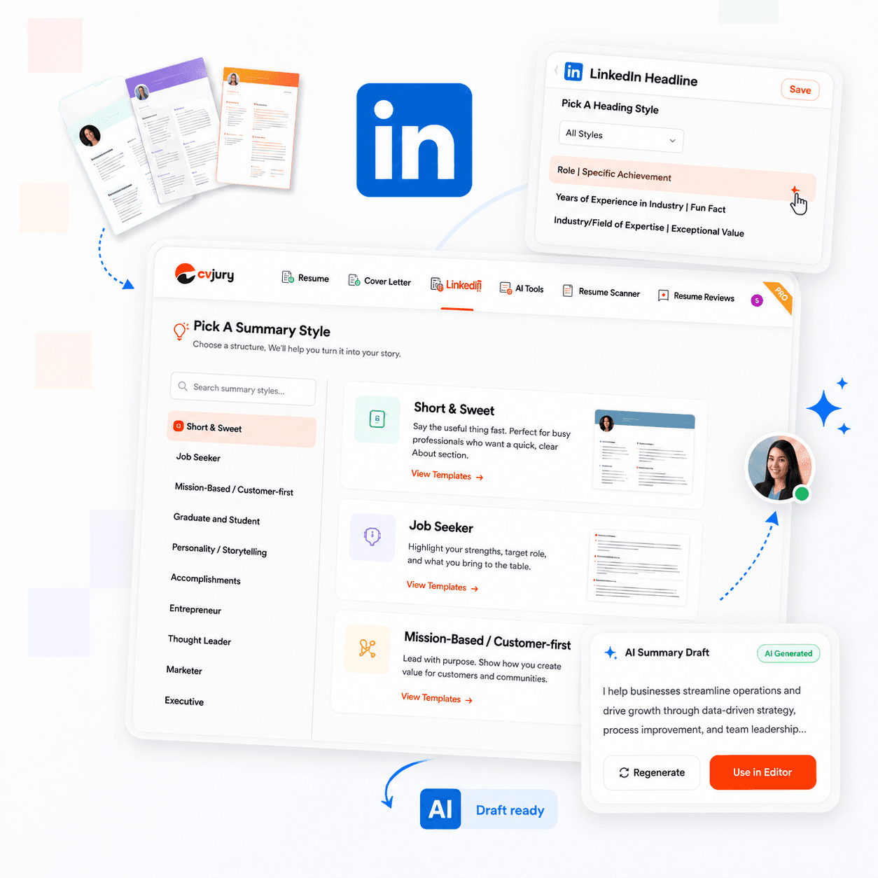 CVJury LinkedIn summary templates you can preview, edit, or generate