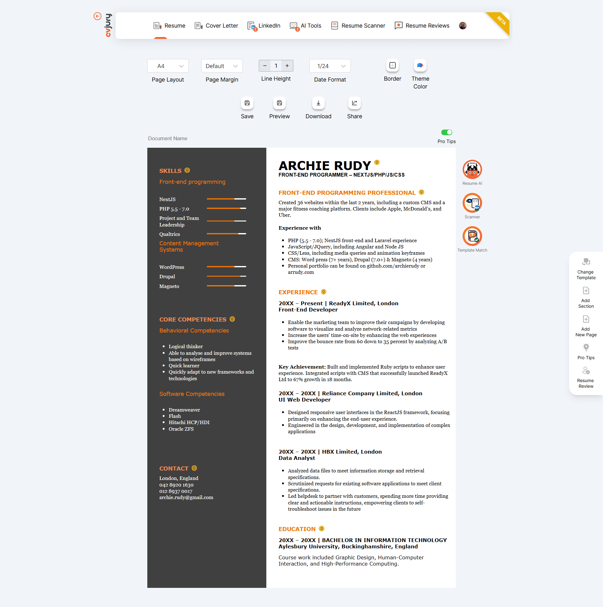 CVJury Resume Builder guided sections