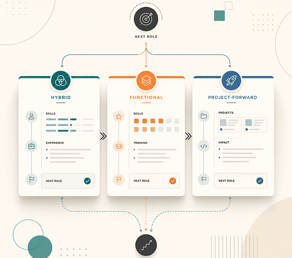Career change resume formats: Hybrid, Functional, and Project-Forward, each leading to your next role