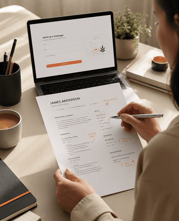 A job seeker reviewing a CV draft next to a laptop showing the CVJury contact form