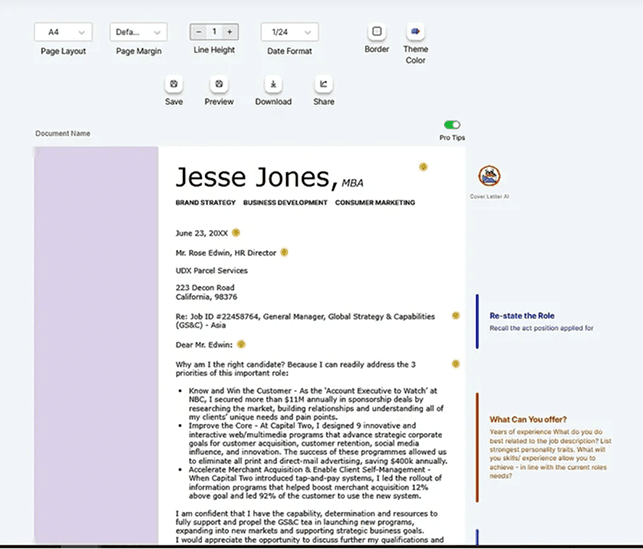 CVJury Cover Letter Builder editor