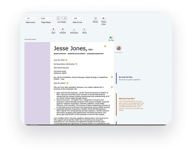 CVJury Cover Letter Builder interface