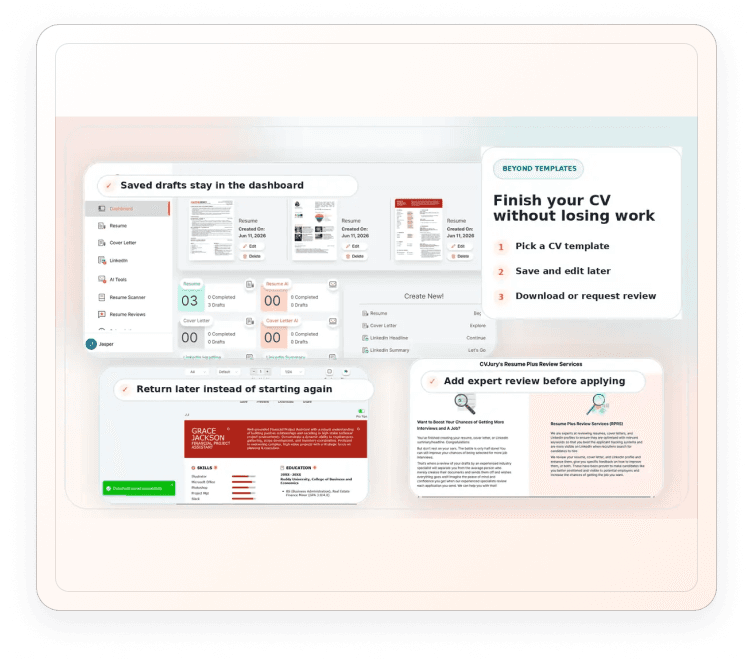 CVJury dashboard showing saved CV drafts and the path to finish a CV without losing work