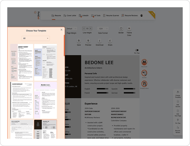 CVJury CV builder showing the template picker and editing tools