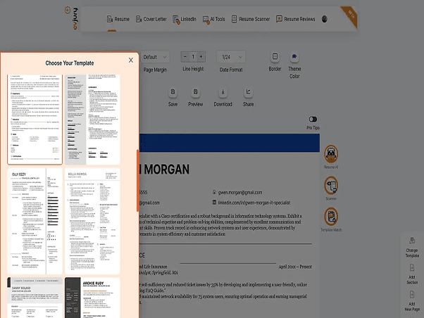 CV template picker inside the CVJury online builder