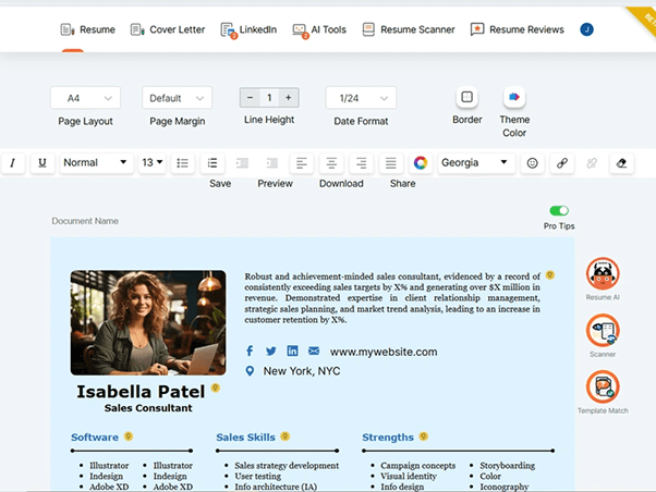 CVJury CV builder showing the template picker and editing tools