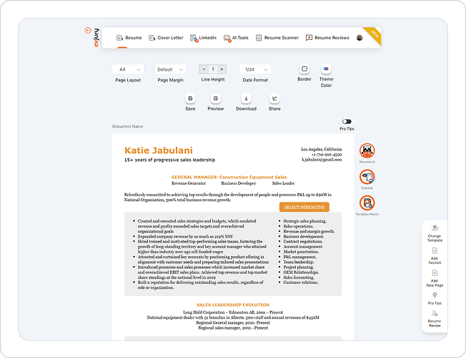 CVJury resume builder showing a management resume example