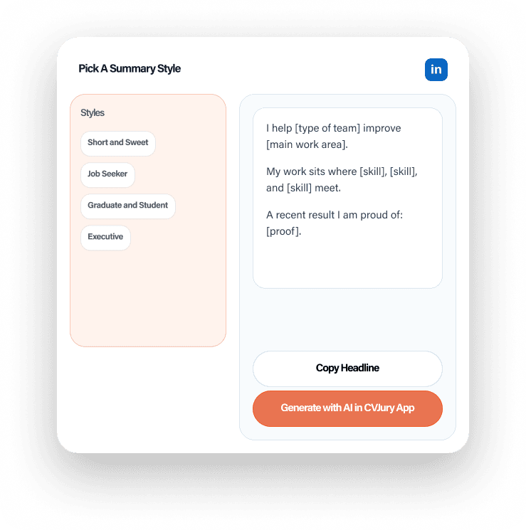 Pick a LinkedIn summary style and generate it with AI in CVJury