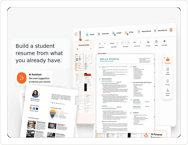 CVJury resume builder showing a student resume with AI suggestions