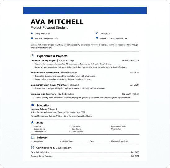 Student Resume With Projects