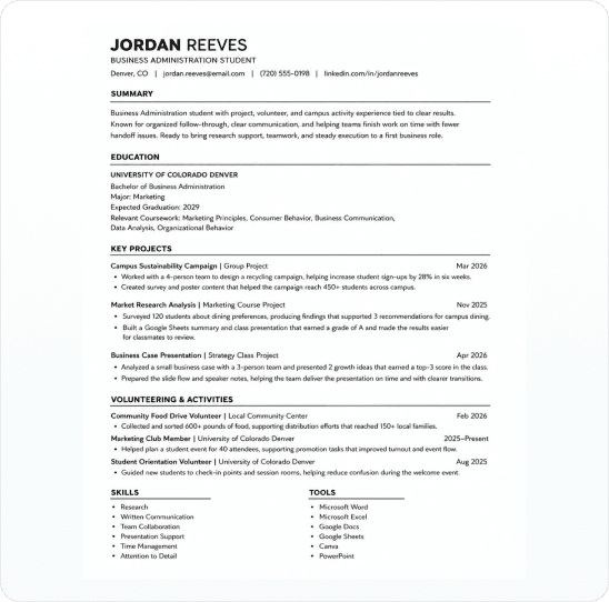 No Work Experience Student Resume