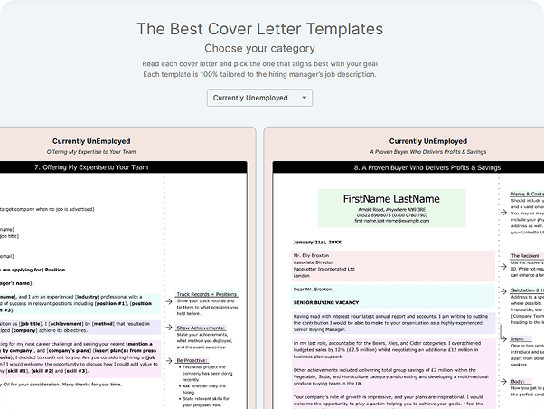 CVJury Cover Letter Tools showing style picker and editor