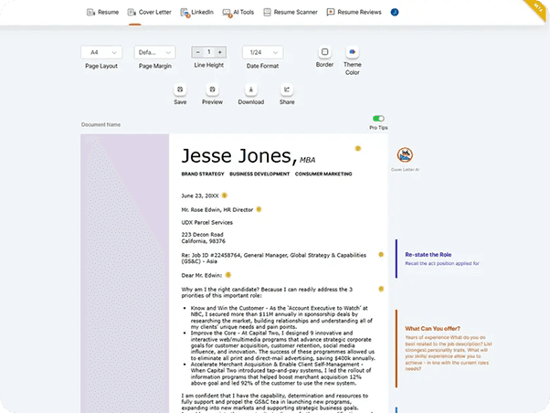 CVJury Cover Letter editor showing the style and design picker