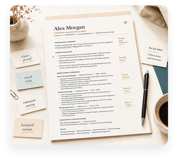 A marketing leader's CV with sticky notes calling out clear proof, the next role, removed noise, and honest value