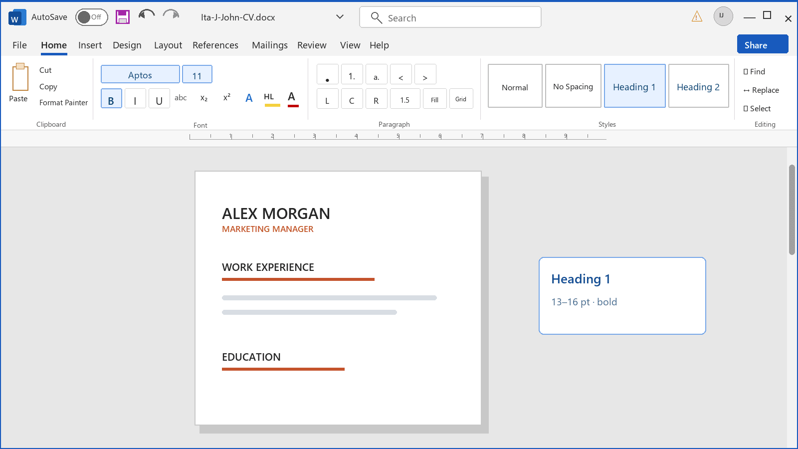 Microsoft Word Home tab with the Heading 1 Style selected and a CV showing styled section headings