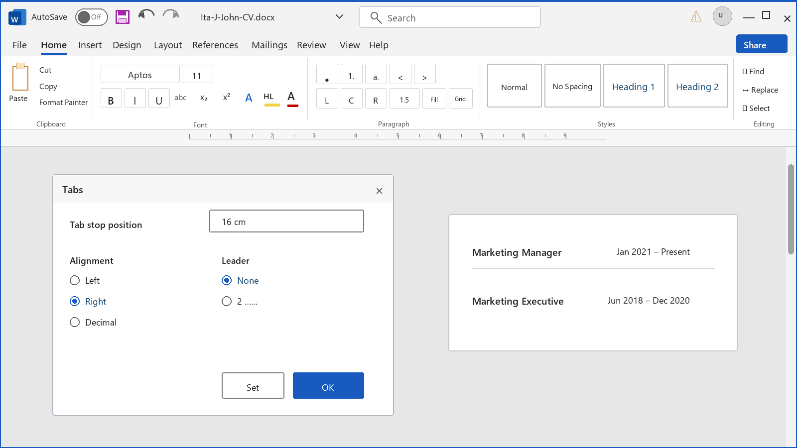 Microsoft Word Tabs dialogue set to a right-aligned tab stop at 16 cm, with job dates aligned at the right margin