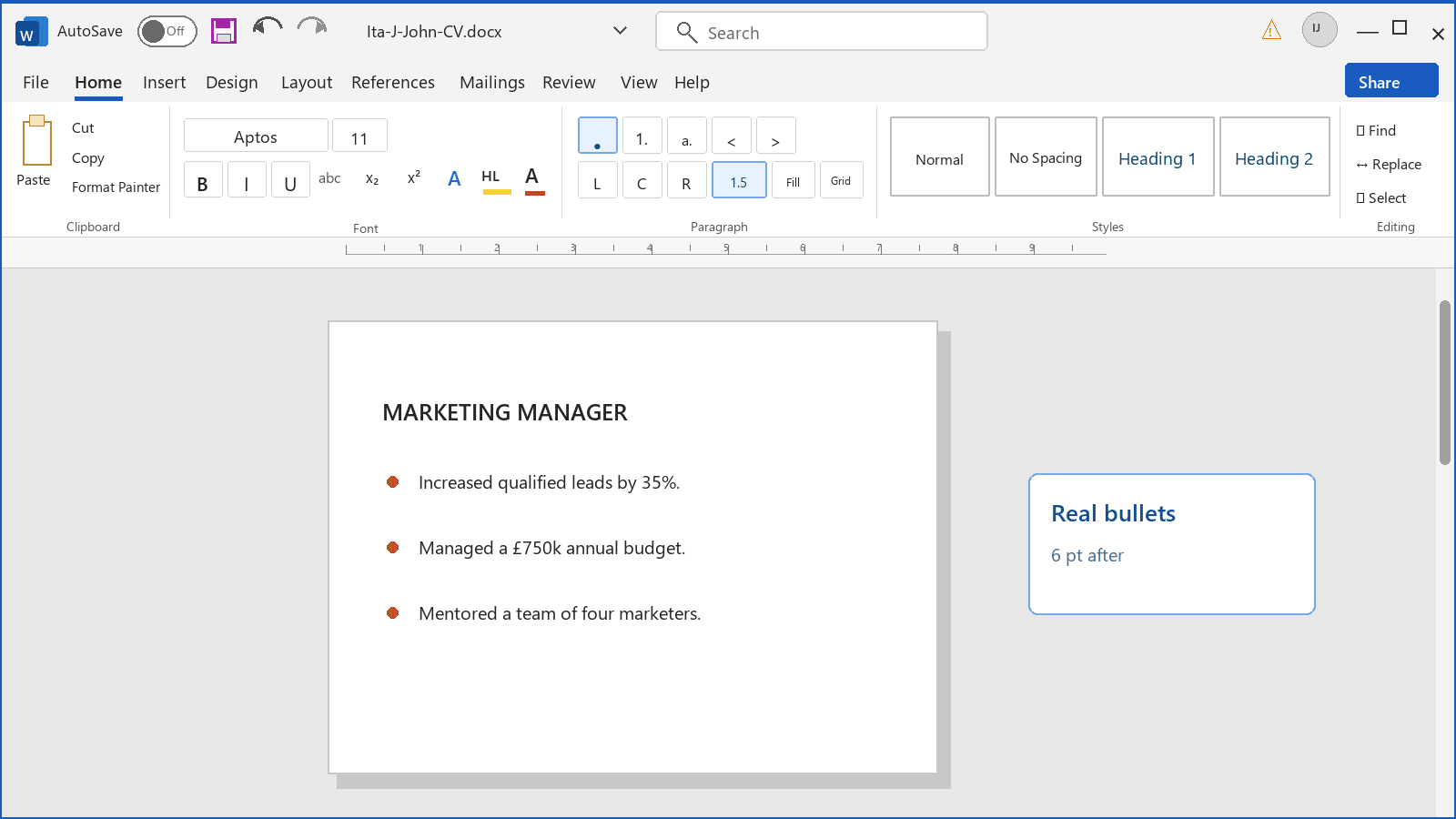 Microsoft Word Home tab with the bullet list button selected and a sample work history using real bullets