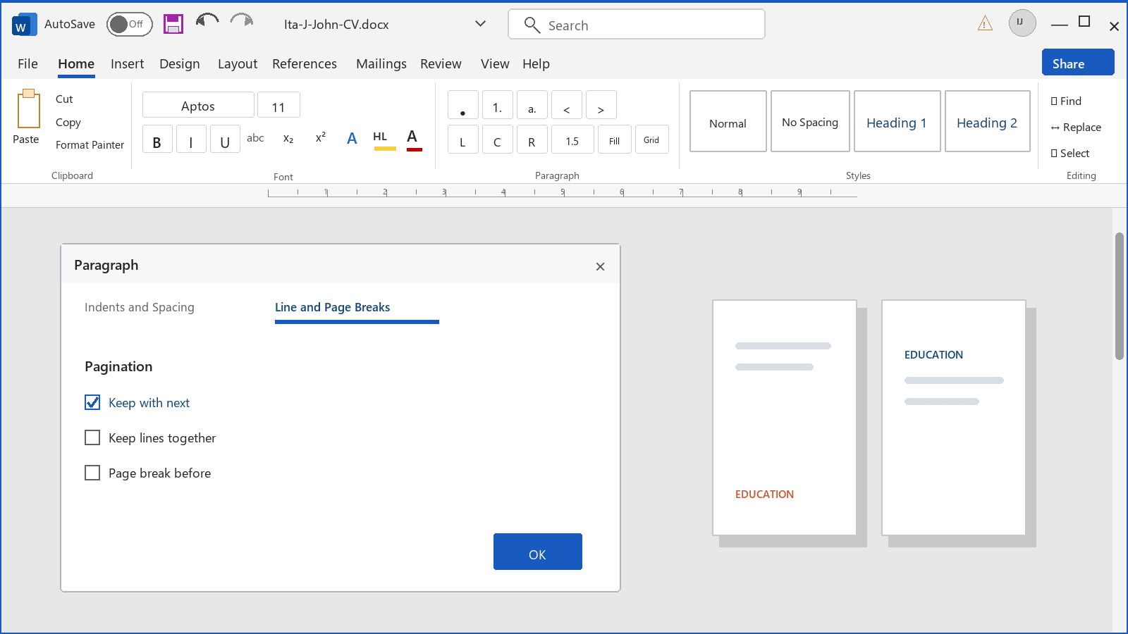Microsoft Word Paragraph dialogue with Keep with next ticked under Line and Page Breaks