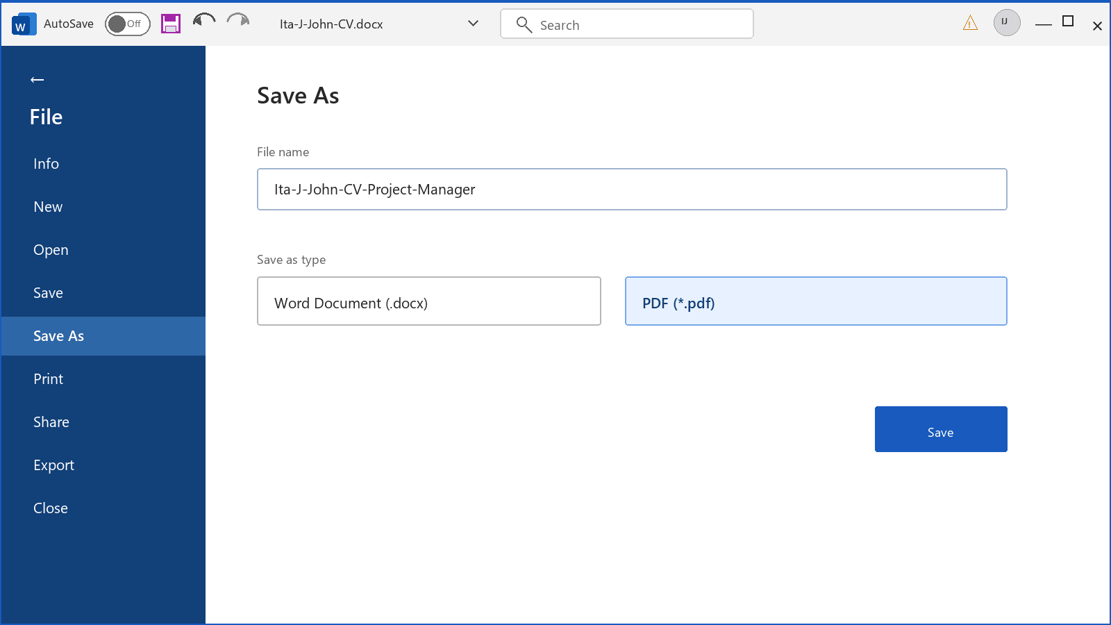 Microsoft Word Save As screen with a named CV file and the DOCX and PDF file formats shown