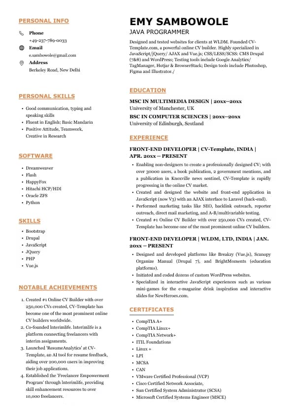 Java programmer resume template − Emy Sambowole