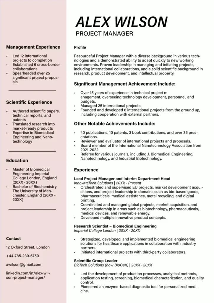 Project manager resume template − Alex Wilson