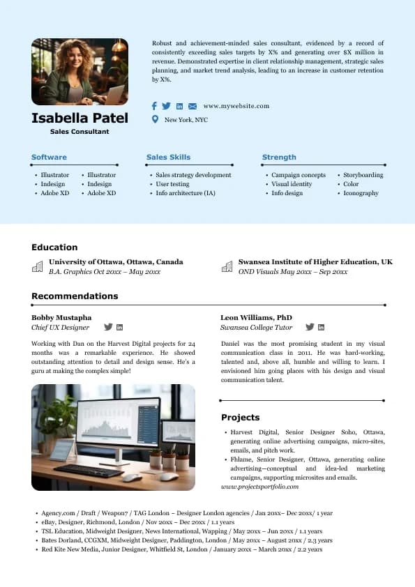 Sales consultant resume template − Isabella Patel