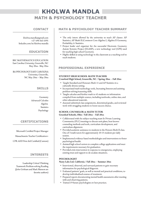 Math and psychology teacher resume template − Kholwa Mandla