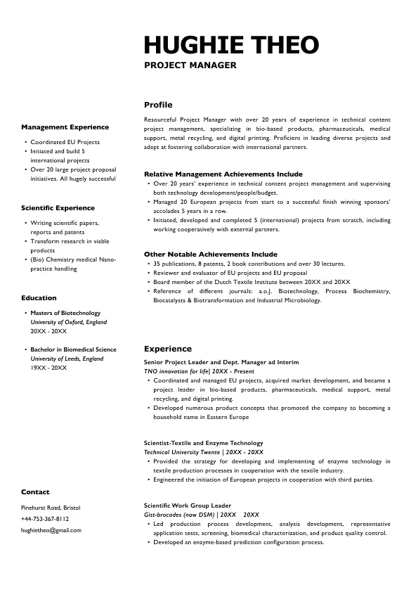 Project manager resume template − Hughie Theo
