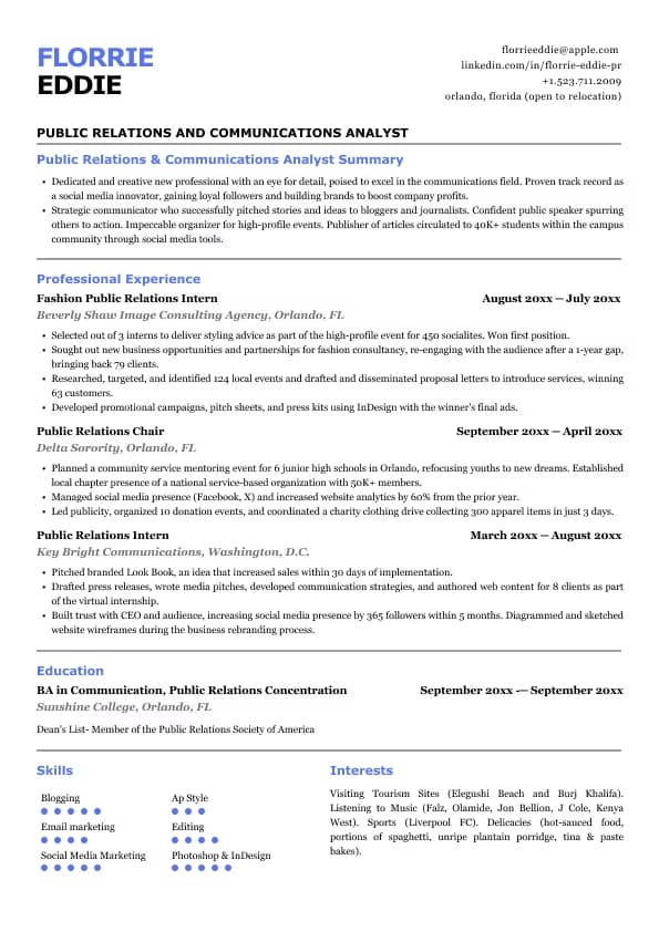 PR and communications analyst resume template − Florrie Eddie