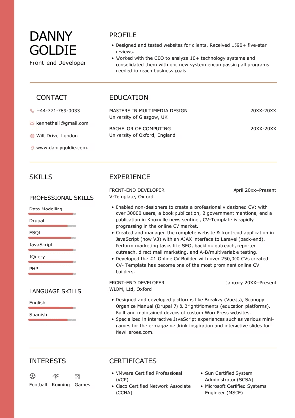Front-end developer resume template − Danny Goldie